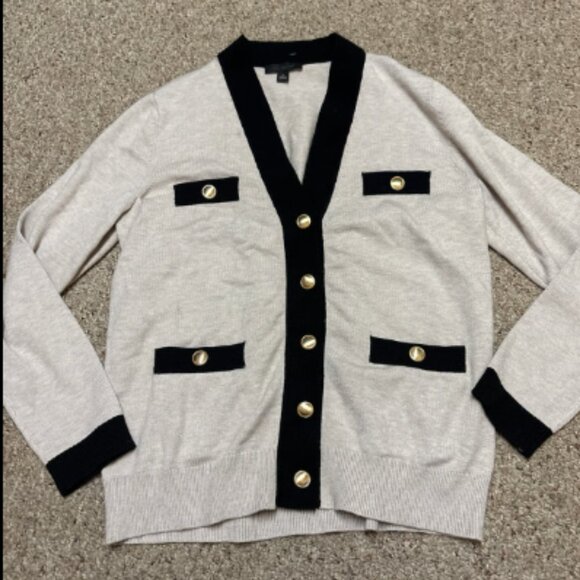 ANN TAYLOR BLACK BEIGE TAN GOLD BUTTON V NECK BOYFRIEND CARDIGAN SWEATER NEW M - Picture 5 of 8